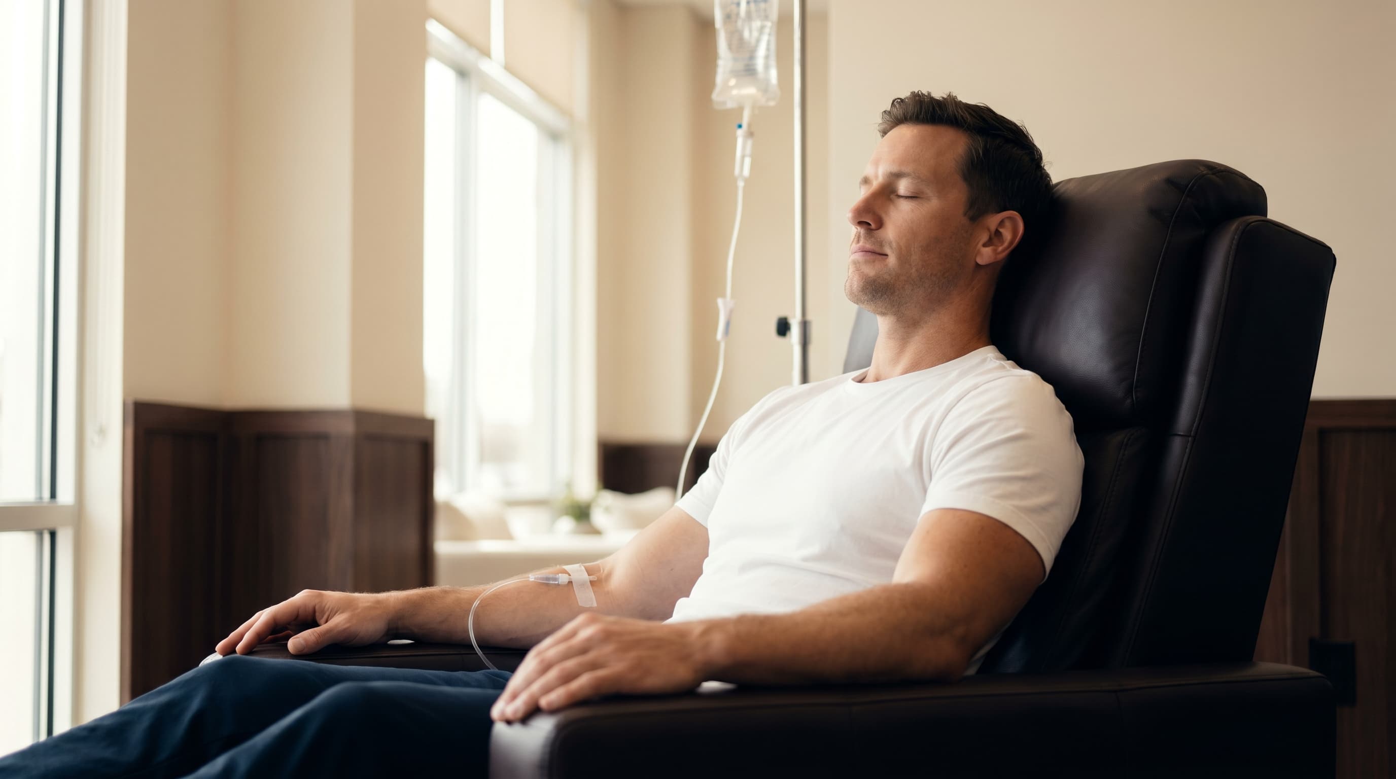 Man receiving Immune Booster IV drip in calm Bangkok clinic